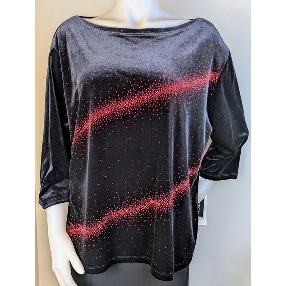 I.N. Studio Velvet Top 3X Black Red Sequined Stretch Holiday Dressy Party NEW - Picture 2 of 12